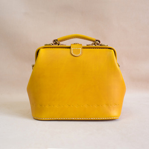 Handmade Womens Yellow Leather Small doctor Handbag - Back View