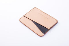 Handmade Beige Black Leather Women Men Small Card Holder Card Wallet for Men Women