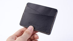 Handmade Beige Black Leather Women Men Small Card Holder Card Wallet for Men Women