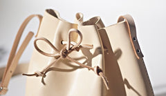 Handmade Beige Women Leather bucket crossbody bag Barrel shoulder bag for women