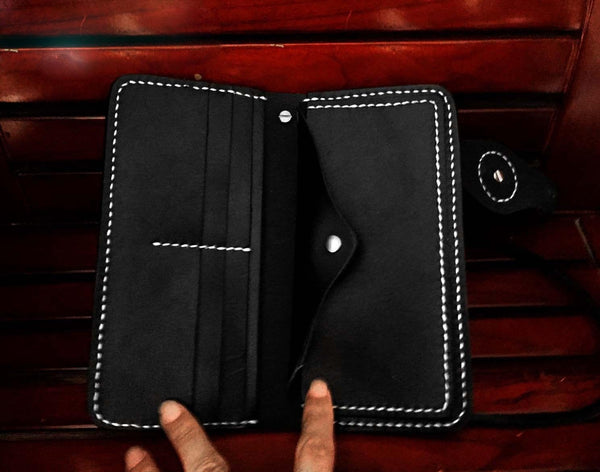 Handmade Black Leather Men's Long Biker Wallet Chain Wallet Long Biker Chain Wal WG02281044