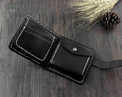 Handmade Black Leather Men's Small Biker Wallet Chain Wallet billfold Wallet with Chain For Men
