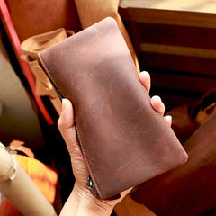 Vintage Black Leather Mens Phone Wallet Clutch Bag Wristlet Bag Zipper Long Wallet For Men