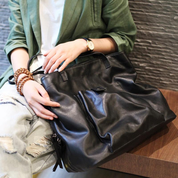 Fashion Womens Black Leather Large Horizontal Tote Bag Womens Black Shoulder Tot CM543201089