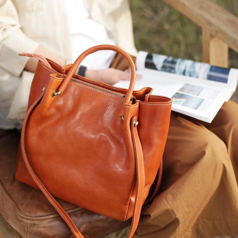 Fashion Soft Womens Tan Leather Handbag Tote Bag Brown