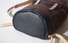 Handmade Canvas Mens Leather Bucket Backpack Travel Backpack Hiking Backpack for Men