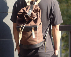 Handmade Canvas Mens Leather Bucket Backpack Travel Backpack Hiking Backpack for Men