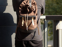 Handmade Canvas Mens Leather Bucket Backpack Travel Backpack Hiking Backpack for Men