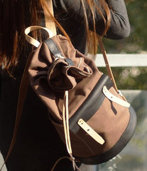 Handmade Canvas Mens Leather Bucket Backpack Travel Backpack Hiking Backpack for Men