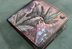 Handmade billfold leather wallet men Crow carved leather billfold wallet for men him - EverHandmade