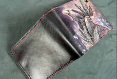 Handmade billfold leather wallet men Crow carved leather billfold wallet for men him - EverHandmade