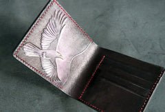 Handmade billfold leather wallet men Crow carved leather billfold wallet for men him - EverHandmade