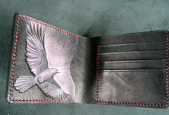 Handmade billfold leather wallet men Crow carved leather billfold wallet for men him