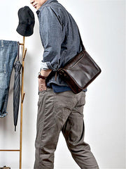 Handmade Dark Coffee Leather Mens 10 inches Courier Bag Brown Messenger Bags Dark Brown Postman Bags For Men