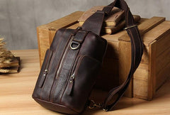 Handmade Genuine Leather Coffee Mens Cool Sling Pack Bag Crossbody Bag Chest Bag for men