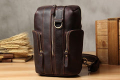 Handmade Genuine Leather Coffee Mens Cool Sling Pack Bag Crossbody Bag Chest Bag for men