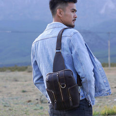 Handmade Genuine Leather Coffee Mens Cool Sling Pack Bag Crossbody Bag Chest Bag for men
