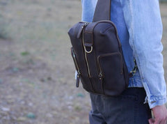Handmade Genuine Leather Coffee Mens Cool Sling Pack Bag Crossbody Bag Chest Bag for men