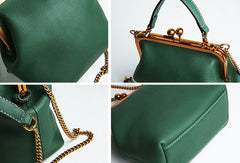Handmade Genuine Leather Vintage Frame Kisslock Handbag Chain Crossbody Bag Shoulder Bag Women Leather Purse