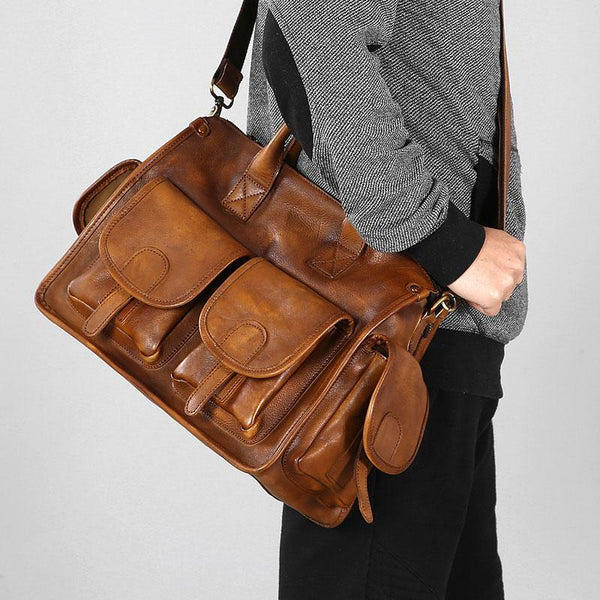 Vintage Leather Brown Mens Travel Bags Messenger Bag Shoulder Bag for Men