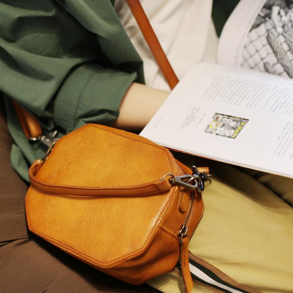 Handmade Womens Brown Leather Handbag Geometric Leather Square Shoulder Bag Cros CM531801107