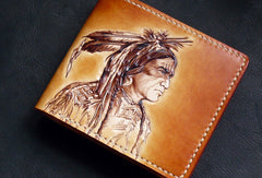 Handmade billfold leather wallet men indian Chief carved leather billfold wallet for men him - EverHandmade