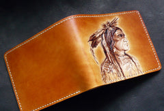 Handmade billfold leather wallet men indian Chief carved leather billfold wallet for men him - EverHandmade