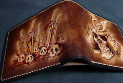 Handmade leather wallet men Japanese general Skull carved leather billfold wallet for him - EverHandmade