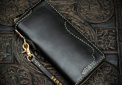 Handmade Leather Black Chain Wallet Mens Biker Wallet Cool Long Wallets for Men