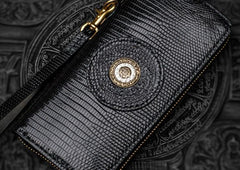 Handmade Leather Black LIZARD SKIN Chain Wallet Mens Biker Wallet Cool Leather Wallet Long Wallets for Men