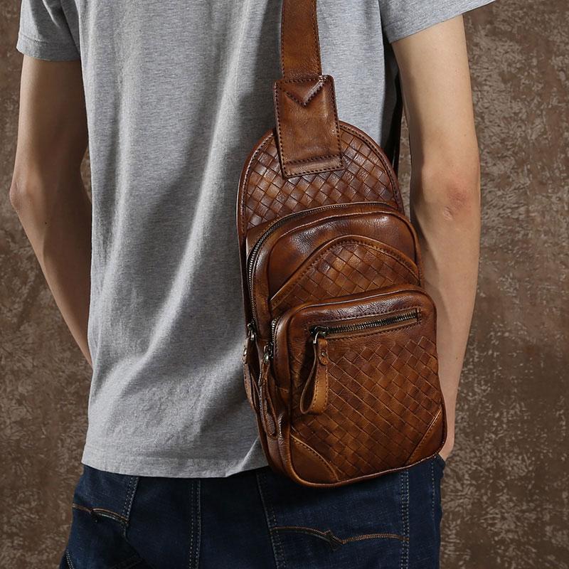 Leather Crossbody Bag Sling Chest Bag Travel Bag in Brown 