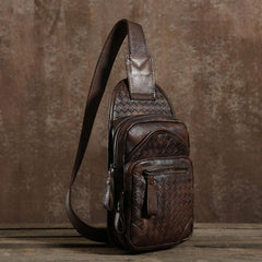Cool Leather Braided Mens Chest Bag Sling Bag Sling Crossbody Bag for men