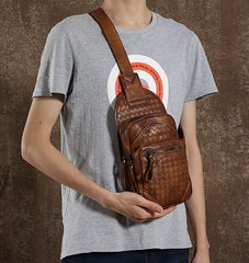 Cool Leather Braided Mens Chest Bag Sling Bag Sling Crossbody Bag for men
