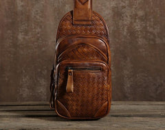 Cool Leather Braided Mens Chest Bag Sling Bag Sling Crossbody Bag for men