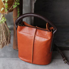 Brown Leather Bucket Bag Handbag Bucket Bag With Zipper - Annie Jewel