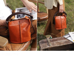 Brown Leather Bucket Bag Handbag Bucket Bag With Zipper - Annie Jewel