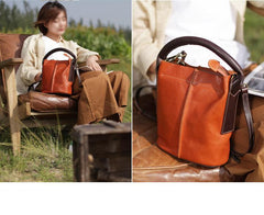 Brown Leather Bucket Bag Handbag Bucket Bag With Zipper - Annie Jewel