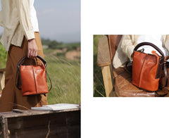 Brown Leather Bucket Bag Handbag Bucket Bag With Zipper - Annie Jewel