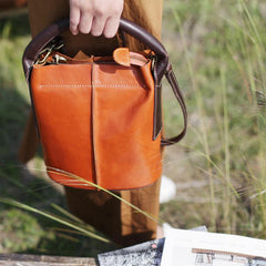 Brown Leather Bucket Bag Handbag Bucket Bag With Zipper - Annie Jewel