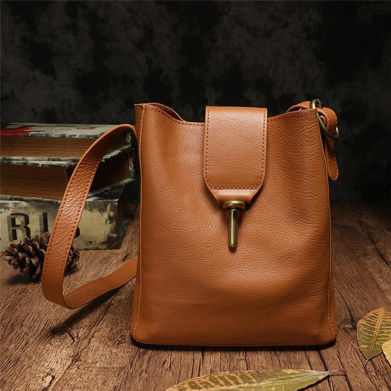 Brown Leather Womens Bucket Shoulder Bag Bucket Side Bag Barrel Shoulder Purse for Ladies