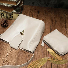 Fashion Womens Brown Leather Bucket Shoulder Bag White Soft Leather Bucket Crossbody Bag Purse