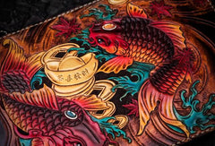Handmade Leather Carp Tooled Wristlet Bag iPad Bag Mens Cool Leather Wallet Long Clutch for Men