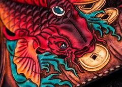 Handmade Leather Carp Tooled Wristlet Bag iPad Bag Mens Cool Leather Wallet Long Clutch for Men