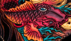 Handmade Leather Carp Tooled Wristlet Bag iPad Bag Mens Cool Leather Wallet Long Clutch for Men