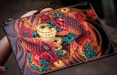 Handmade Leather Carp Tooled Wristlet Bag iPad Bag Mens Cool Leather Wallet Long Clutch for Men