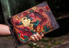 Handmade Leather Carp Tooled Wristlet Bag iPad Bag Mens Cool Leather Wallet Long Clutch for Men
