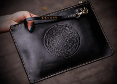 Handmade Leather Carp Tooled Wristlet Bag iPad Bag Mens Cool Leather Wallet Long Clutch for Men