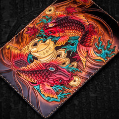 Handmade Leather Carp Tooled Wristlet Bag iPad Bag Mens Cool Leather Wallet Long Clutch for Men