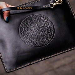 Handmade Leather Carp Tooled Wristlet Bag iPad Bag Mens Cool Leather Wallet Long Clutch for Men