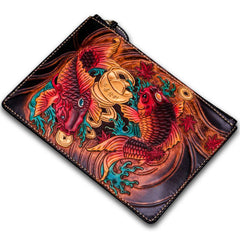 Handmade Leather Carp Tooled Wristlet Bag iPad Bag Mens Cool Leather Wallet Long Clutch for Men